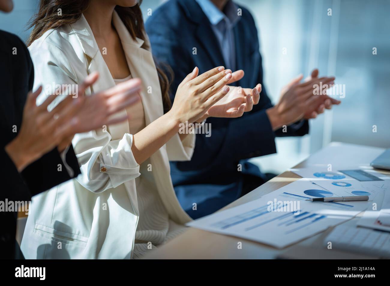 During a job interview, HR managers look for a good new employee. Manager have positive first impression of candidate. Stock Photo