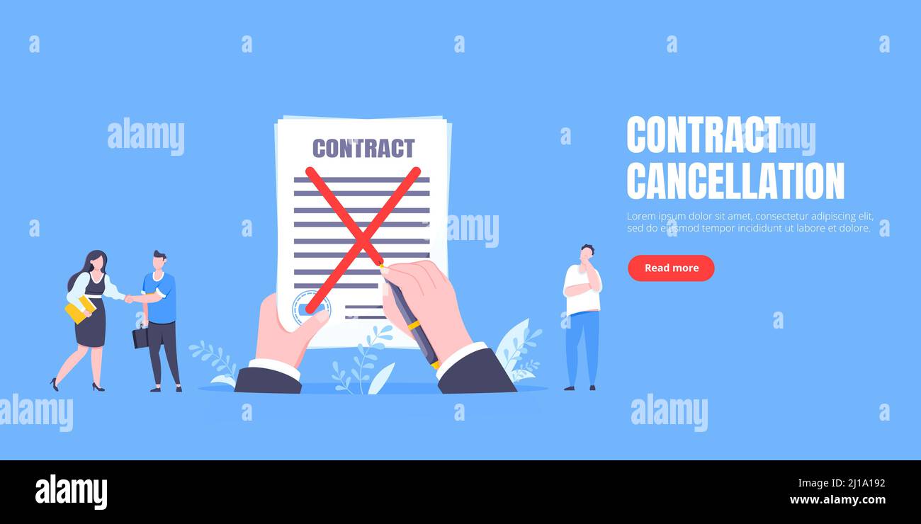 Contract cancellation business concept. Terminated tearing contract paper sheet breach flat style design vector illustration. Business people running Stock Vector