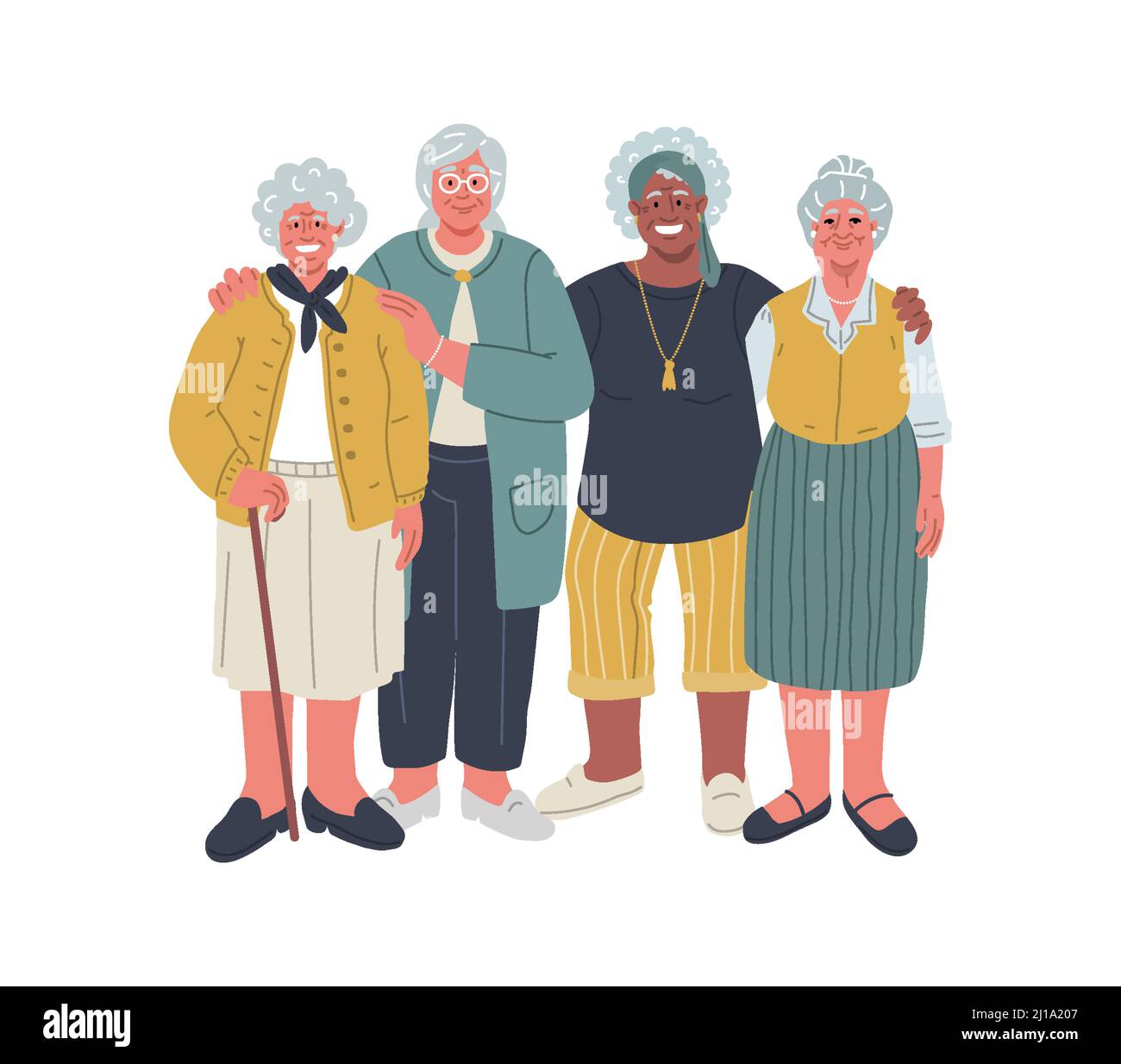 Group of elderly women smiling,huddle.Time together,old friends.Cartoon vector Stock Vector
