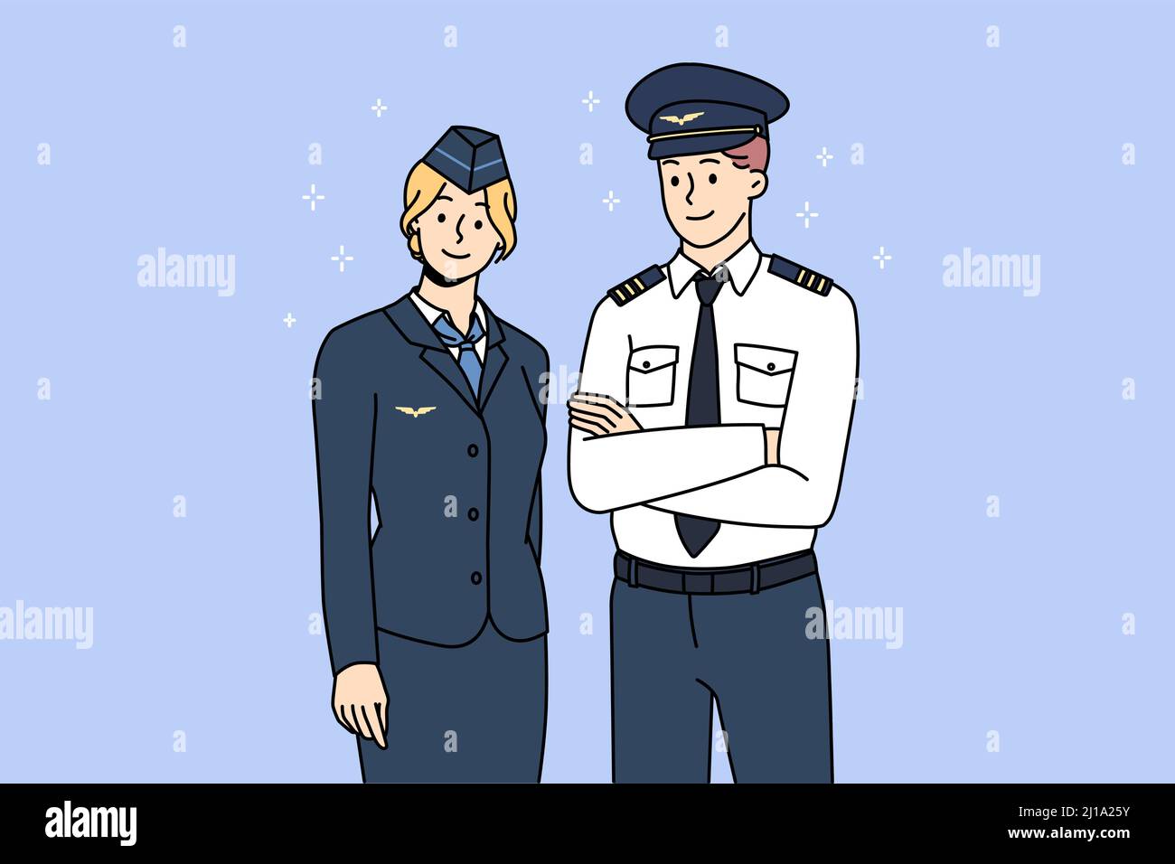 Professional airplane crew in uniform posing for picture together. Portrait of aircraft pilot and stewardess show good quality service. International or national airlines. Vector illustration.  Stock Vector
