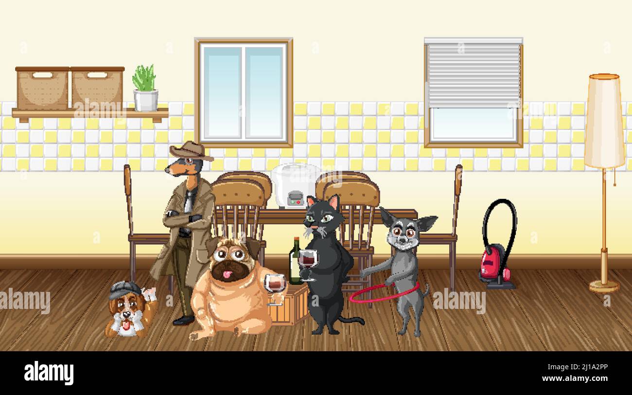Set of different domestic animals in kitchen illustration Stock Vector ...