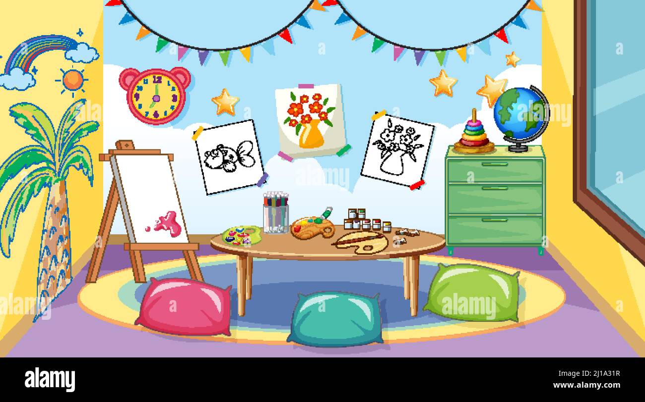 Empty kindergarten classroom interior with many kid toys illustration
