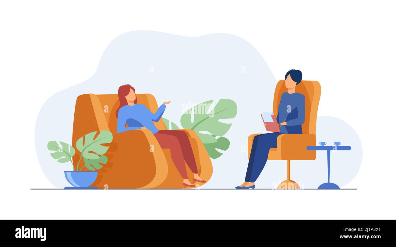 Woman visiting psychologist office. Patient sitting in armchair and talking to psychiatrist. Vector illustration for therapy session, psychotherapy co Stock Vector