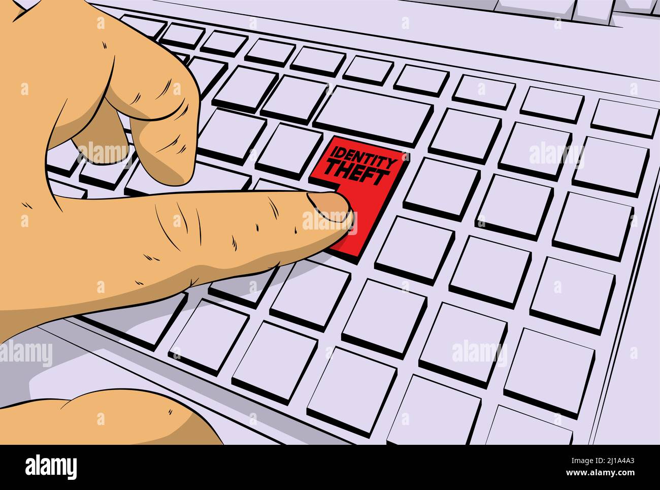 Identity Theft word on computer keyboard. Man push keypad on laptop. Comic book style concept. Stock Vector