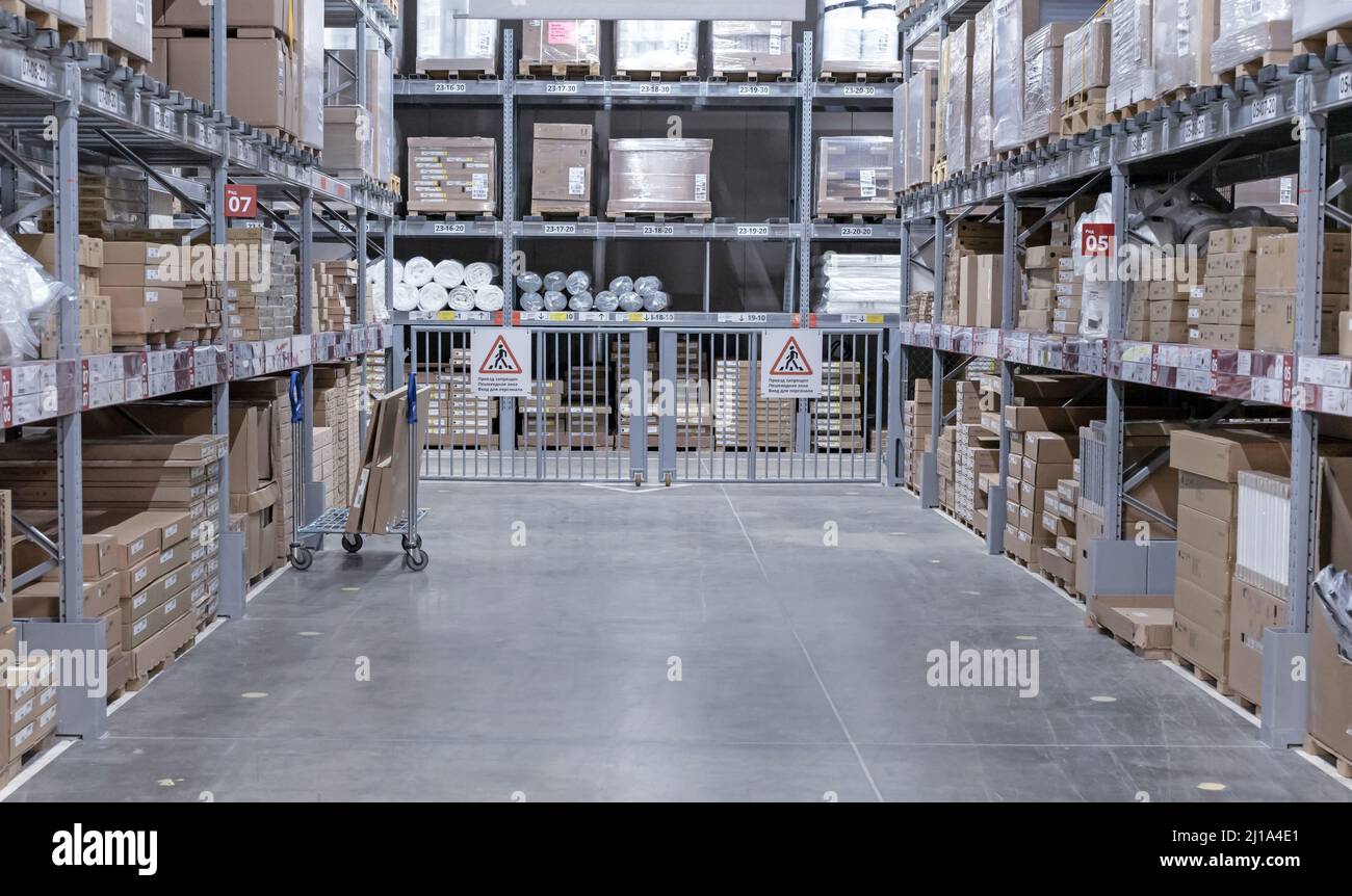 MOSCOW, RUSSIA - FEBRUARY 21, 2022: Interior of a modern warehouse. Smart warehouse management system. Stock Photo