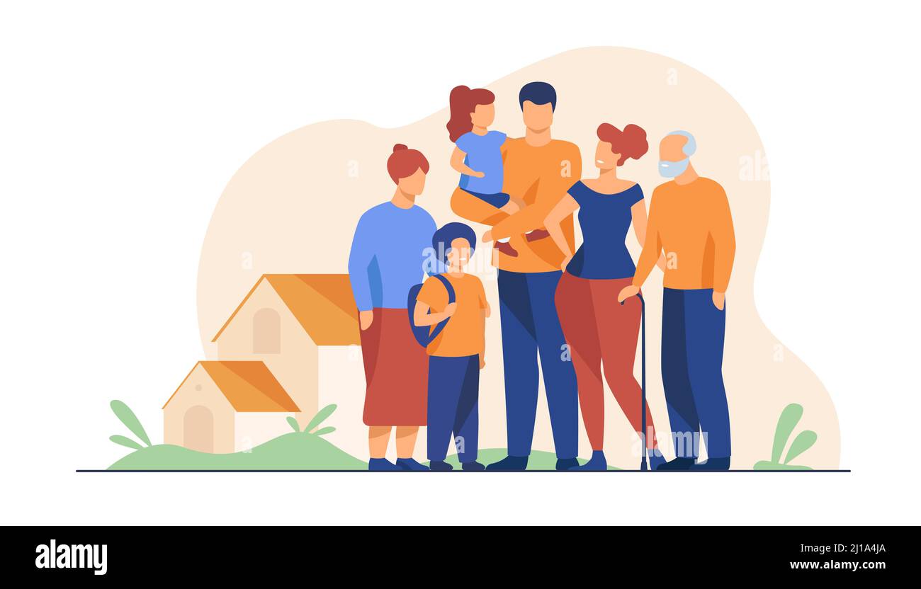 Big family meeting. Couple with senior parents and two kids standing together at suburban house. Vector illustration for love, togetherness, lifestyle Stock Vector
