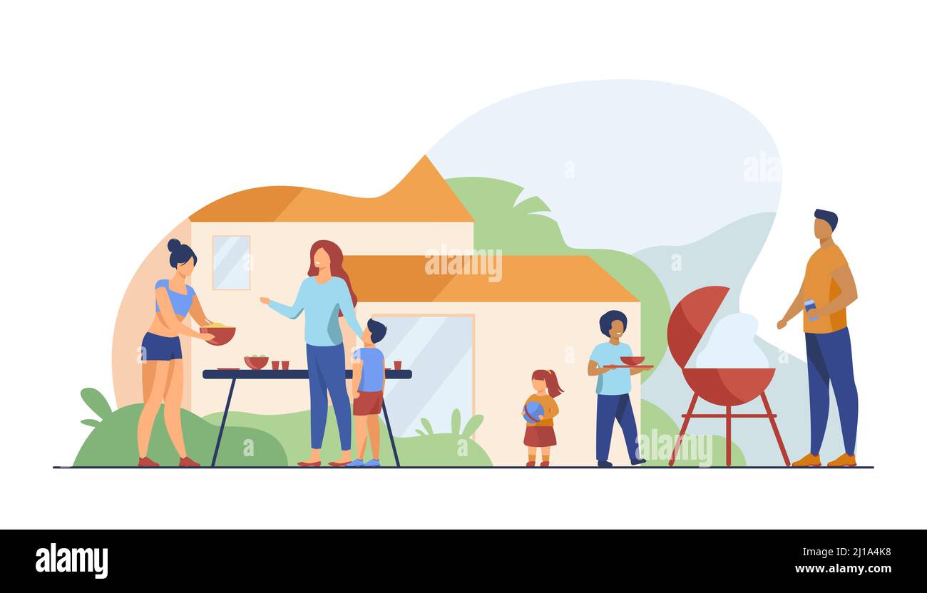 Family on BBQ party on backyard flat vector illustration. Happy characters cooking, chatting and eating together outside near house. Kids playing in g Stock Vector