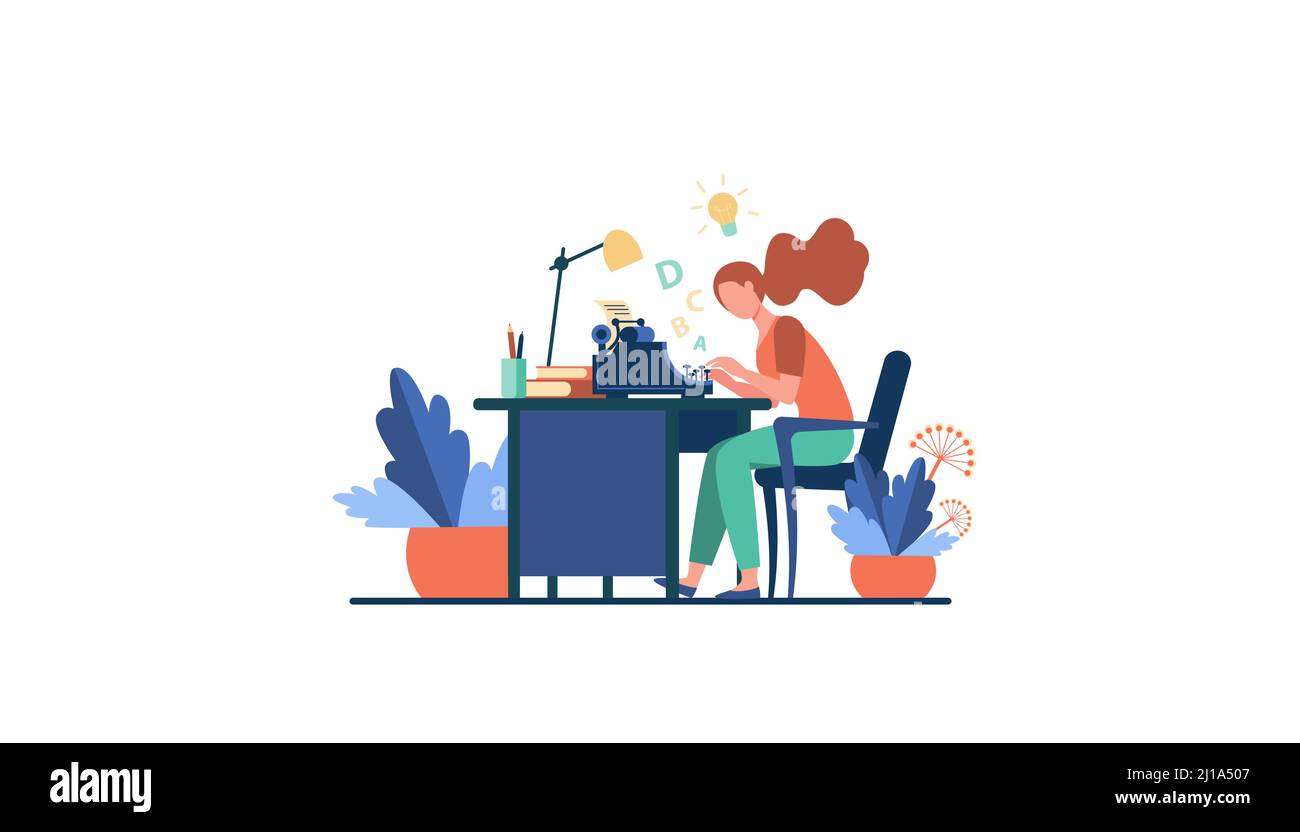 Female writer using retro typing machine. Young woman inspiring with idea, writing creative article at her workplace. Vector illustration for creative Stock Vector