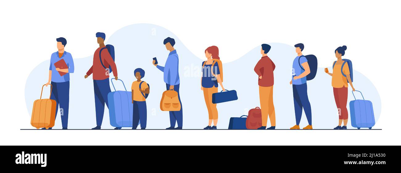 Group of tourist with luggage standing in line. Men, women, kid holding their bags and suitcases Vector illustration for trip, airport, travel, queue Stock Vector