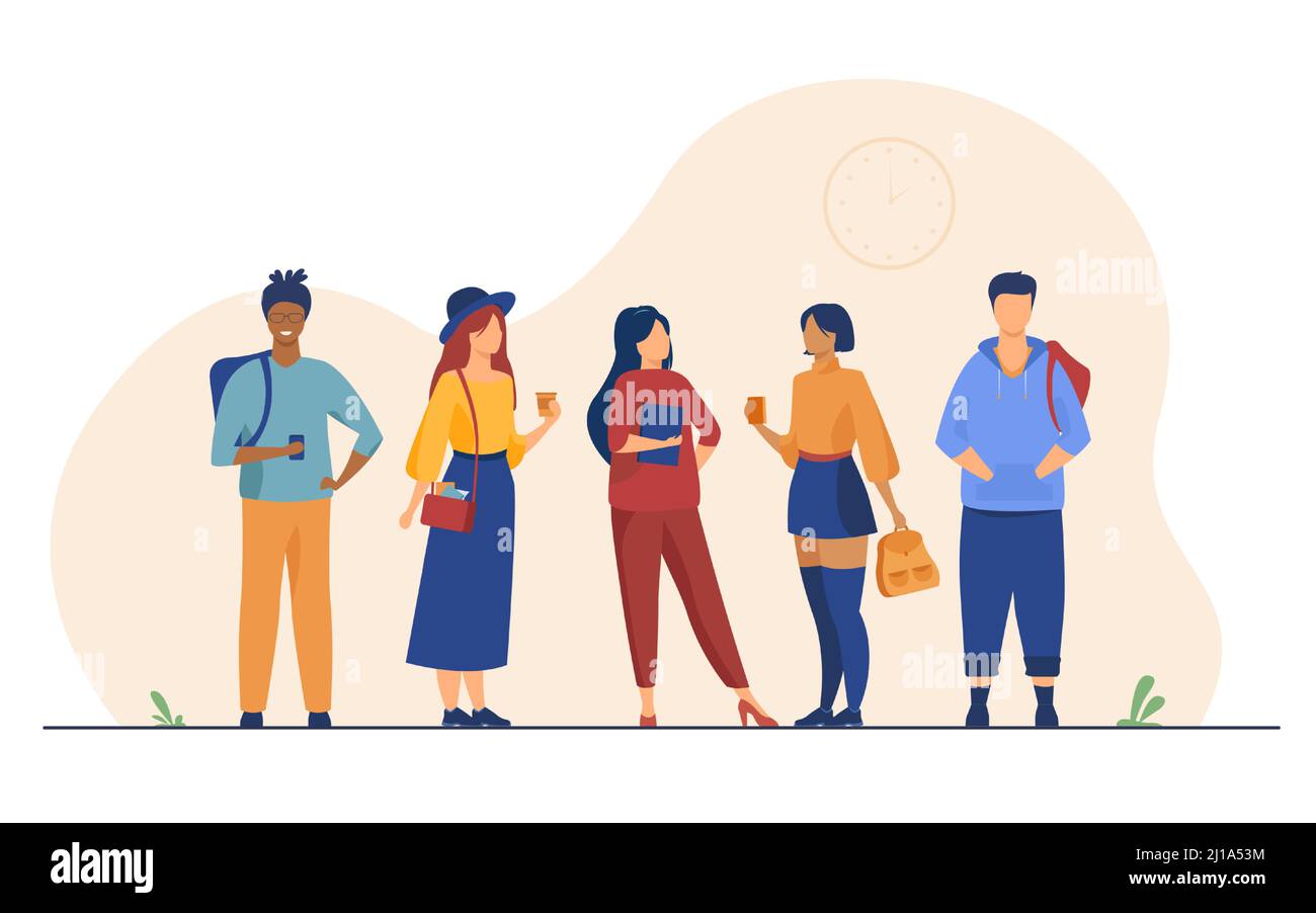 Group of college or university students hanging out. Happy teen girls and guys standing together, holding books, backpacks. Vector illustration for st Stock Vector