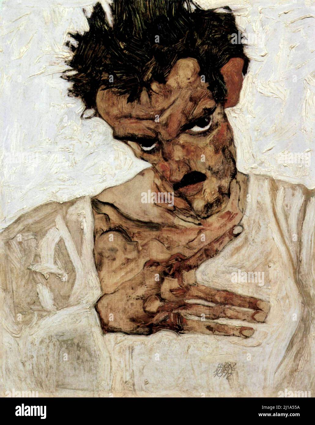 Egon Schiele - Self Portrait with Bowed Head and unusual splayed finger gesture - 1912 Stock Photo