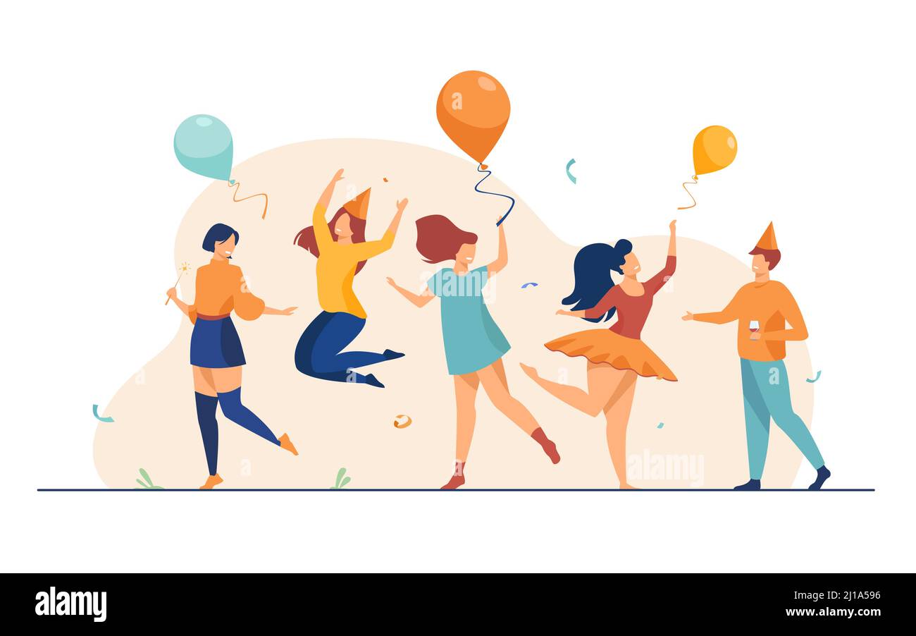 Happy excited people dancing at party flat vector illustration. Cheerful group of friends having fun together. Entertainment and celebration concept. Stock Vector