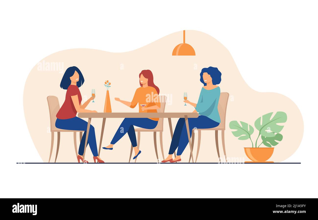 Three female friends sitting in cafe at lunch and talking flat vector illustration. Women hanging out together. Friendship and communication concept. Stock Vector