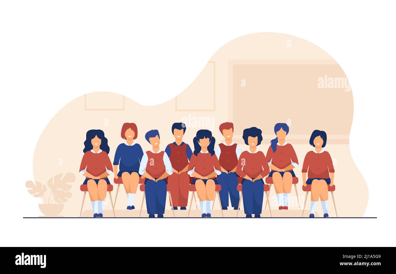 School students posing for class portrait in classroom. Teen girls and boys wearing uniform, sitting on chairs in rows and smiling. Vector illustratio Stock Vector