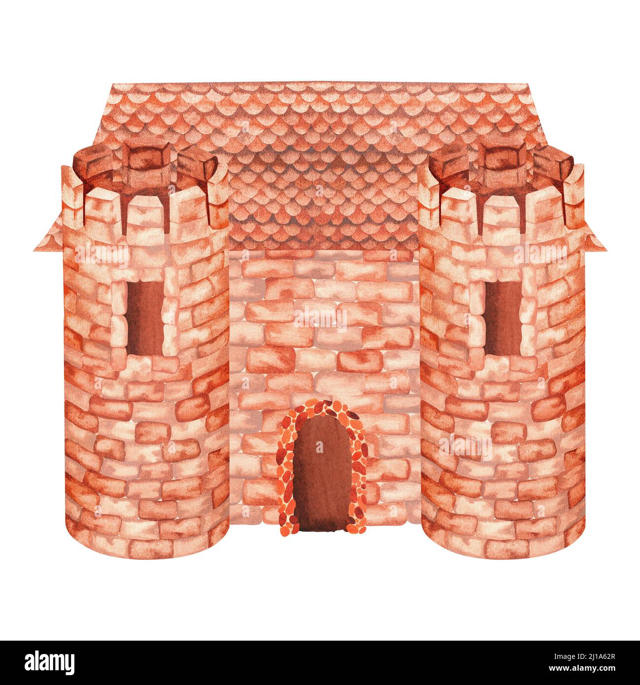 Brick castle. Watercolor illustration. Isolated on a white background. For your design of children's clothing, nursery interior items, stationery. Stock Photo