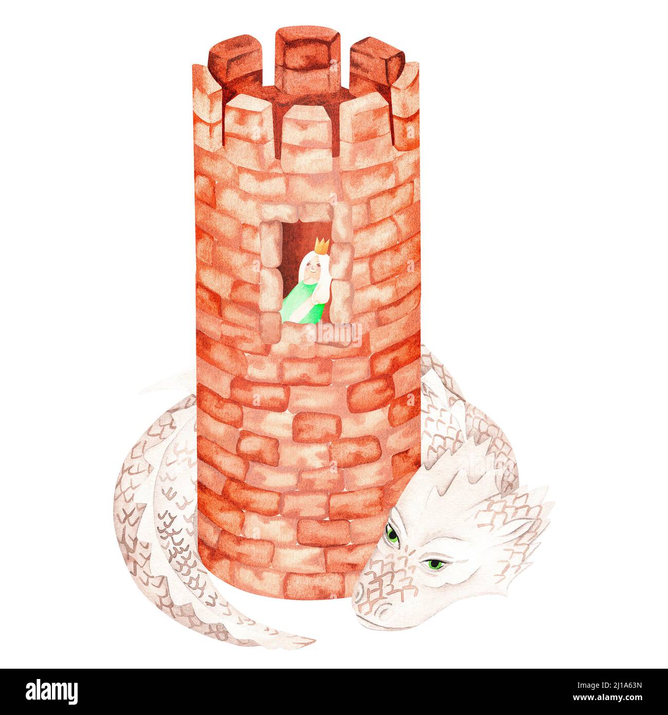 The dragon guards the princess in the tower.Watercolor illustration.Isolated on a white background.For design of children's clothing, nursery. Stock Photo