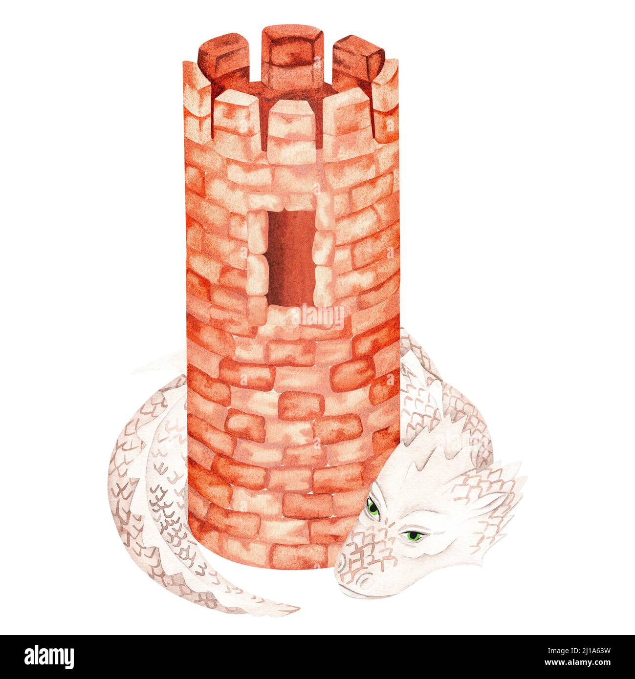 The dragon guards the tower. Watercolor illustration.Isolated on a white background.For design of children's clothing, nursery interior items, book. Stock Photo