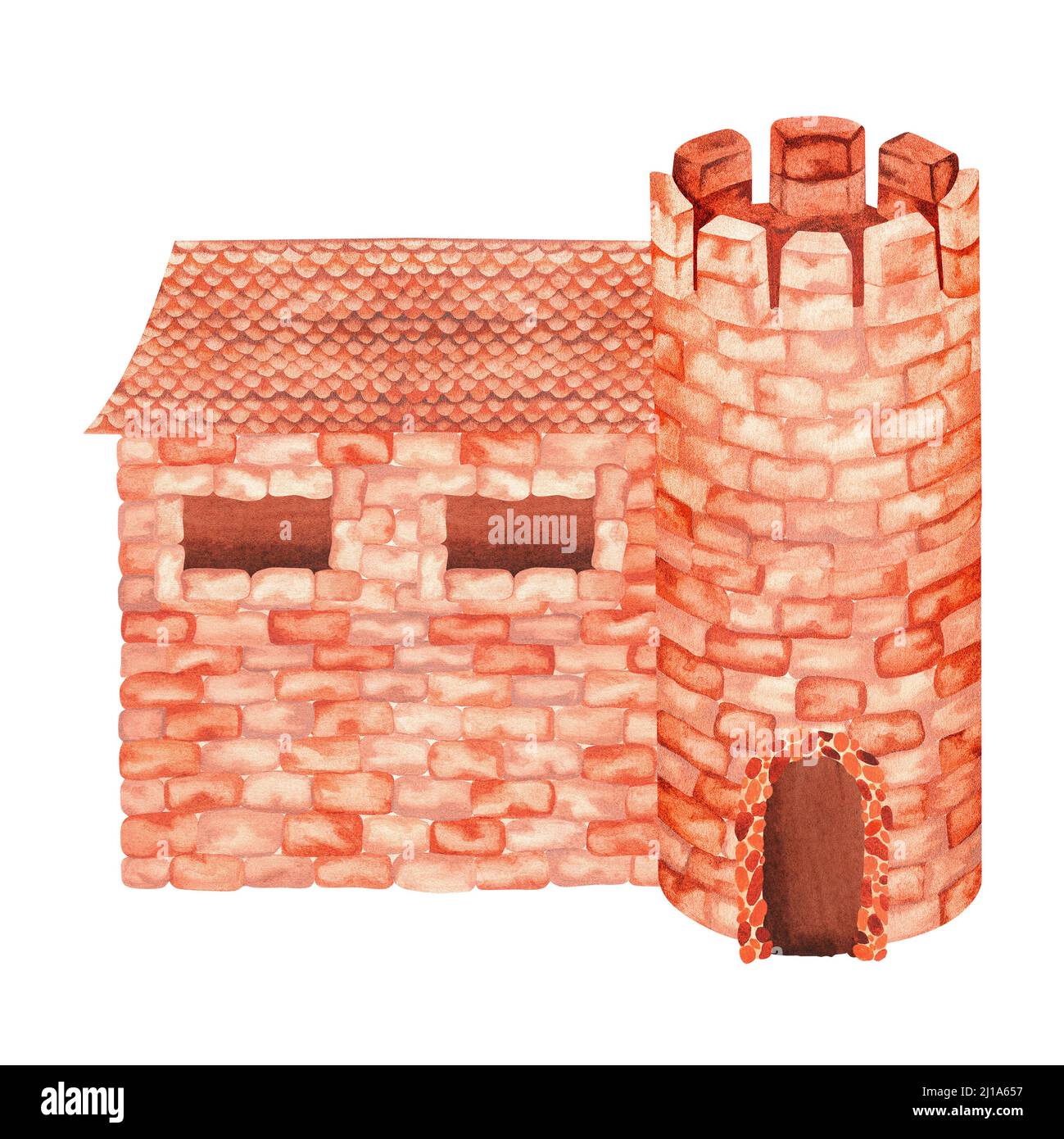 Brick castle with an observation tower. Watercolor illustration. Isolated on a white background. For your design of nursery interior items, stationery Stock Photo