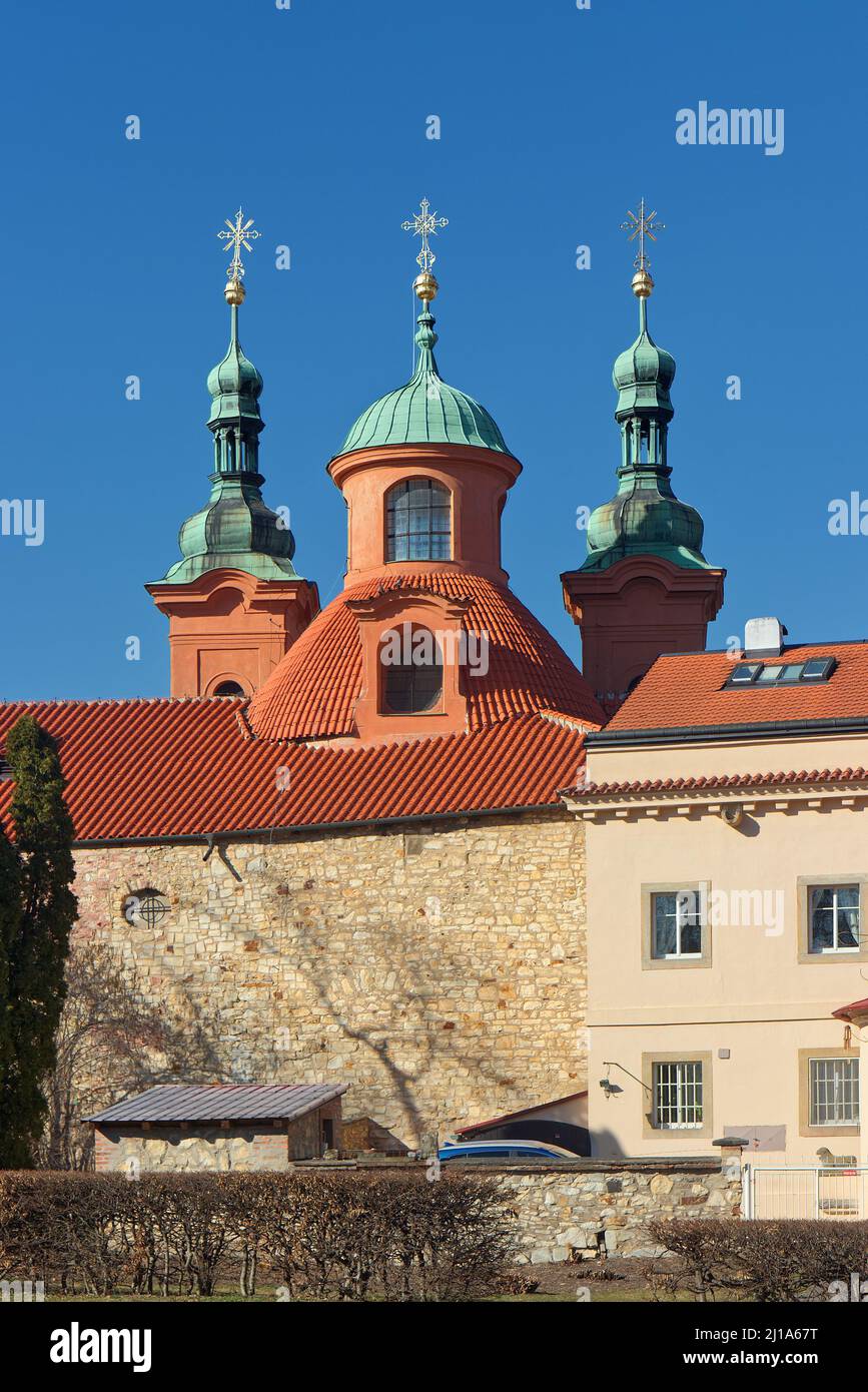 Prague, Petrin - March 22: Cathedral of St Lawrence  is a church of the Old Catholic Church of the Czech Republic. Built between Petrin Lookout Tower Stock Photo