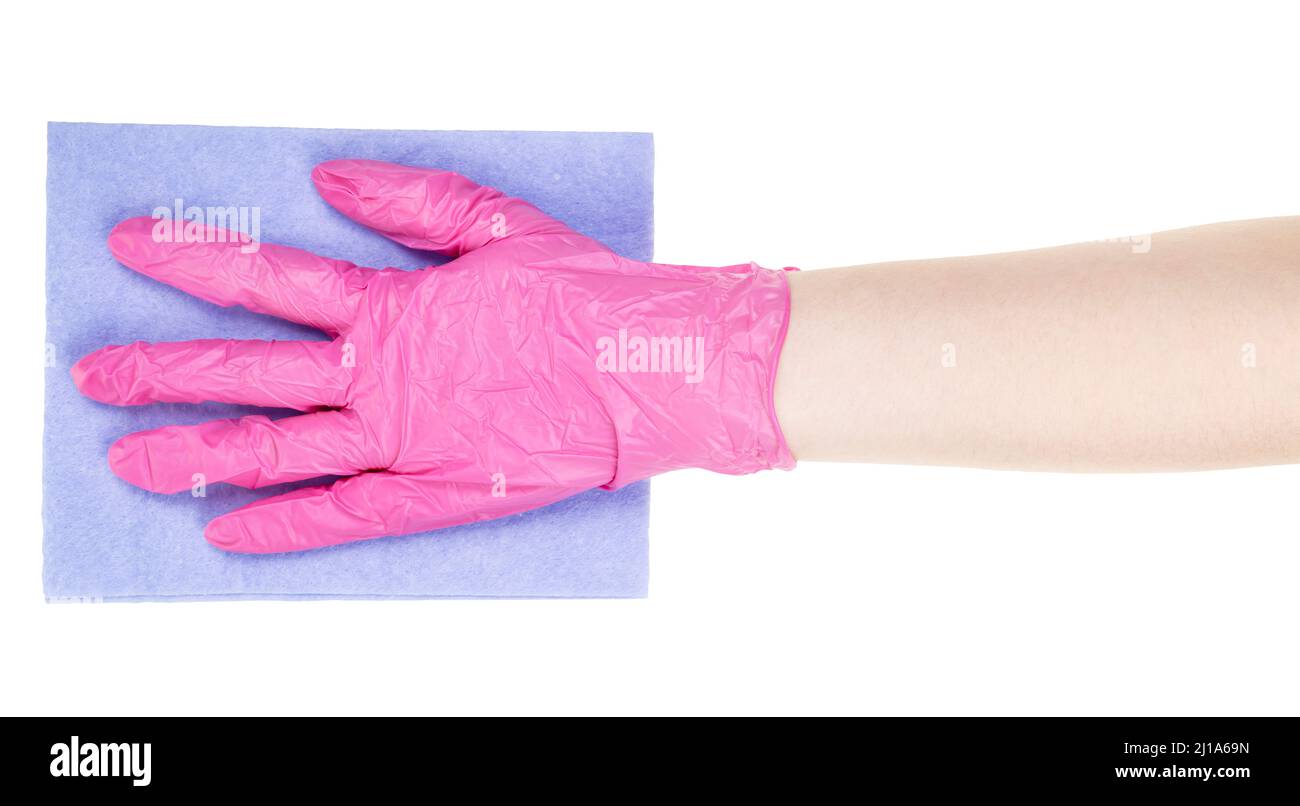hand in pink vinyl glove holds flat blue rag isolated on white background Stock Photo