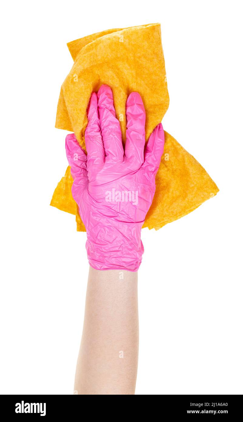 hand in pink vinyl glove holds crumpled yellow rag isolated on white background Stock Photo