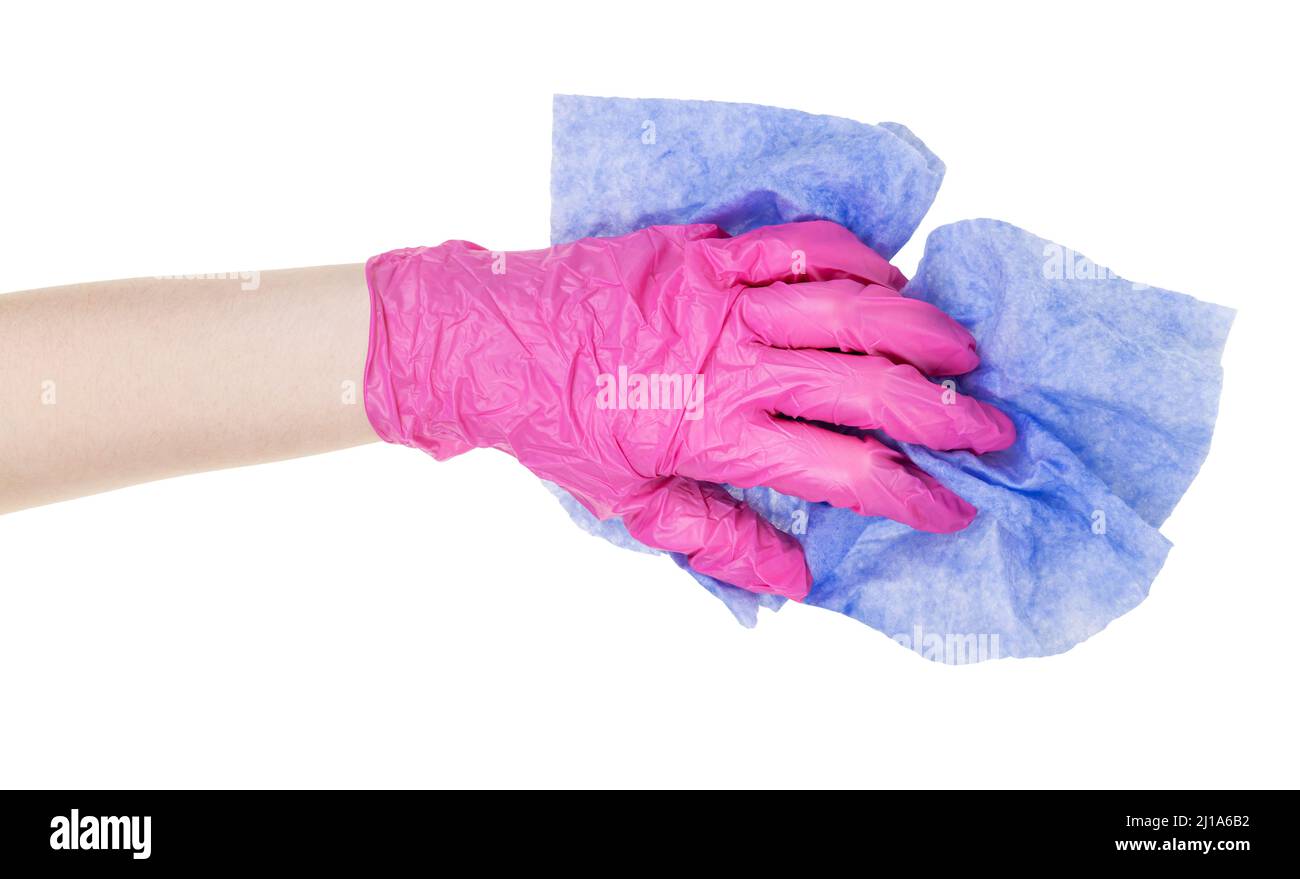 hand in pink vinyl glove holds crumpled blue rag isolated on white background Stock Photo