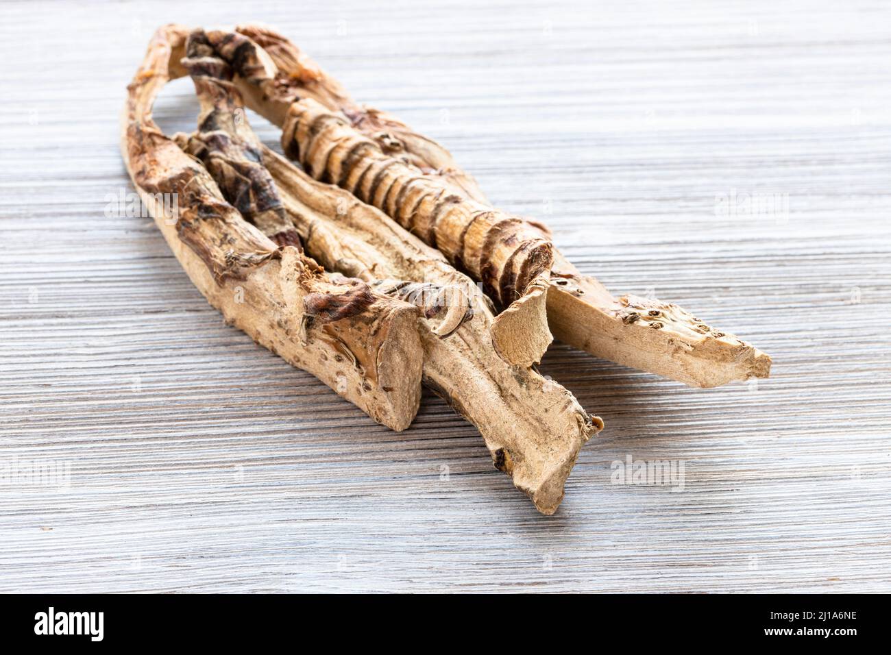 few dried Sweet flag (calamus) roots close up on gray wooden table Stock Photo