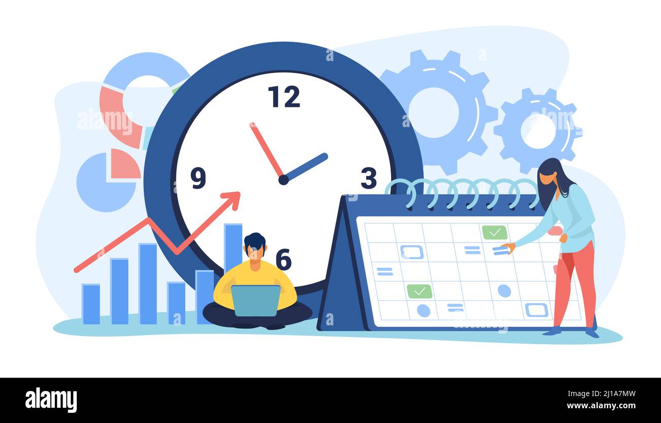 Timing and project scheduling. Managers working near calendar with marks and clock flat vector