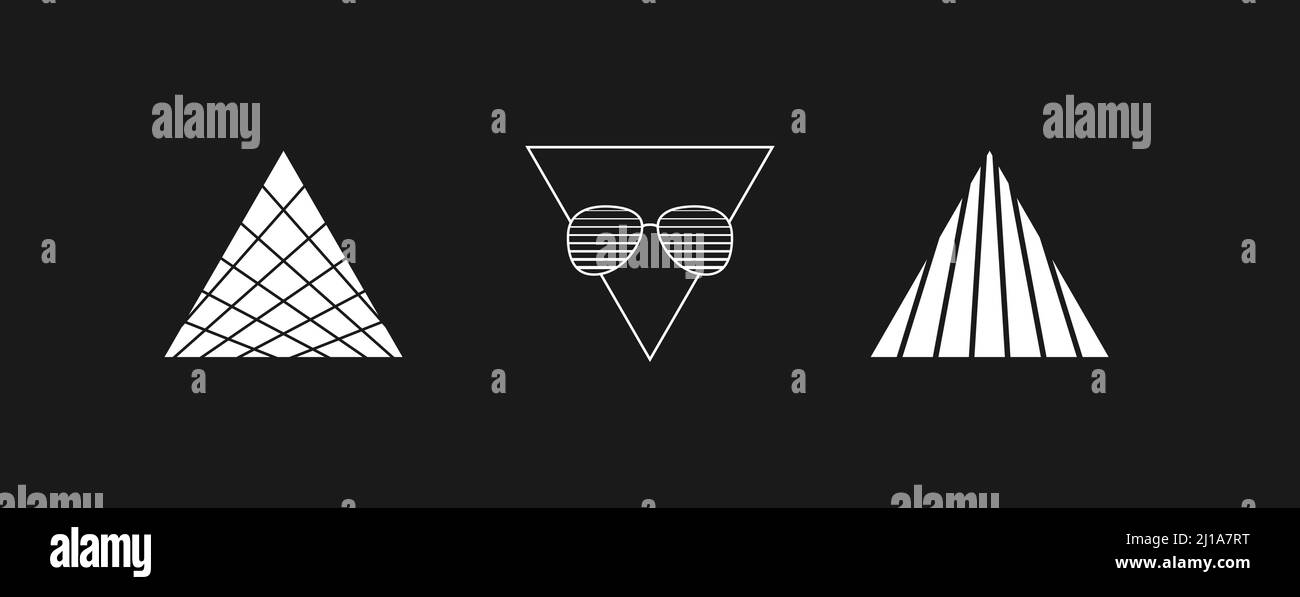 Set of retrowave design elements. Triangles with stripes, sunglasses and linear triangle. Pack of retrowave 1980s style design elements. Vector Stock Vector