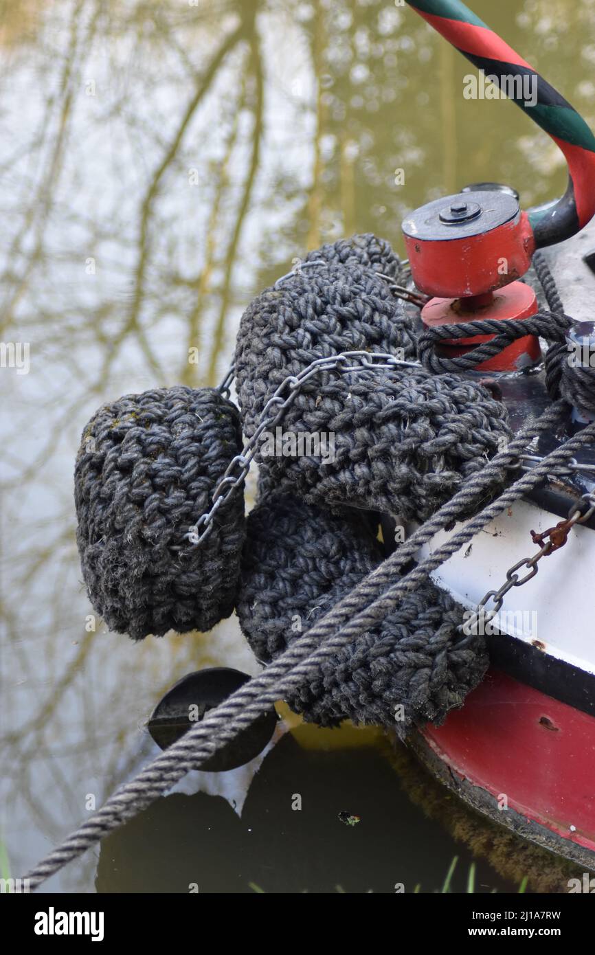 A close up of a narrow boat fender on the Grand Union Canal in Milton Keynes. Stock Photo