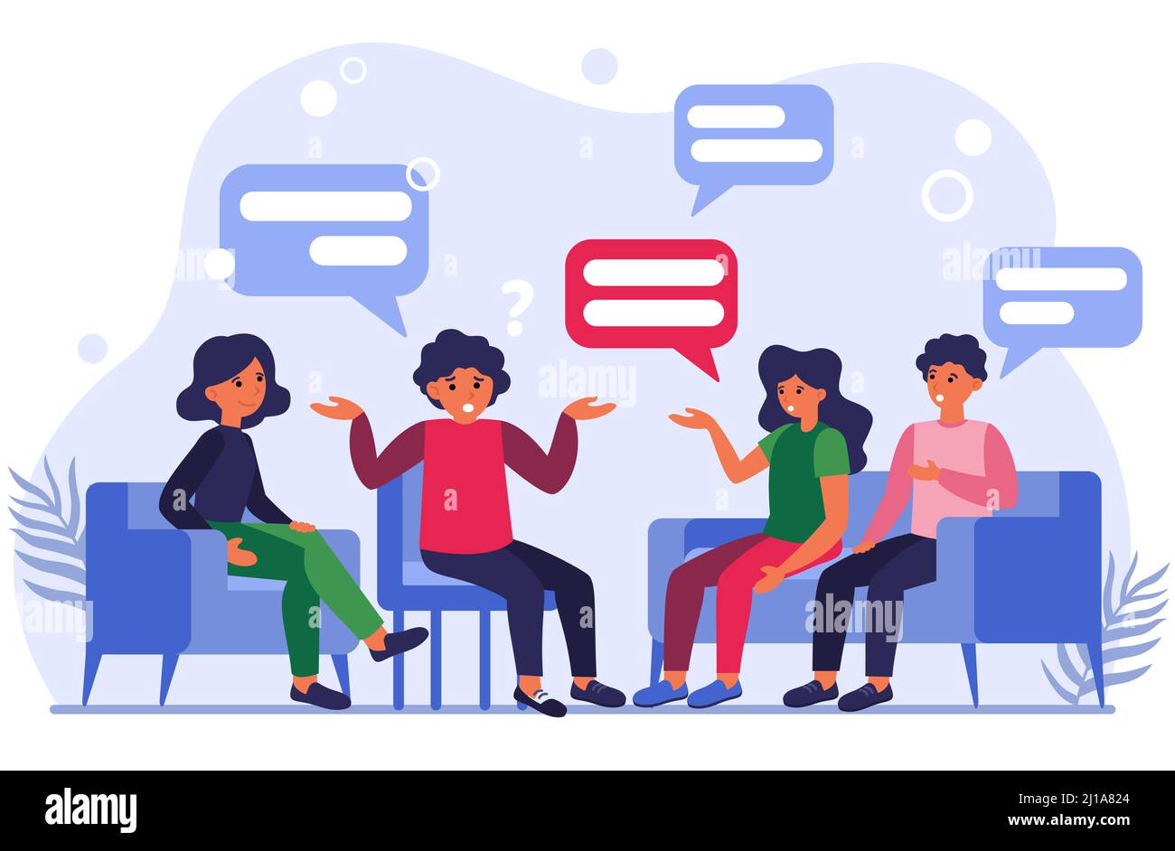Group therapy flat vector illustration. Men and women in psychologist session talking about problems. Medical support and addiction and psychotherapy Stock Vector
