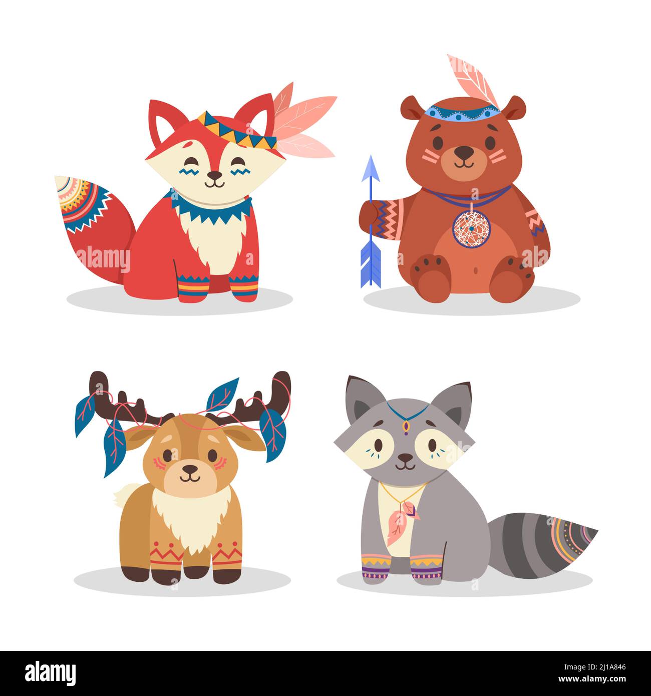 Cute woodland animals set. Fox, bear, raccoon, deer with tribal ornaments.  Vector illustration for boho style, cartoon characters, red Indian culture  Stock Vector Image & Art - Alamy