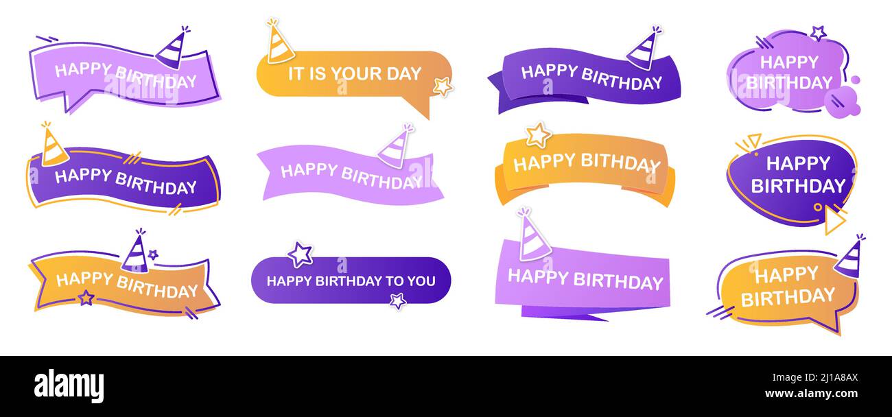 Happy birthday lettering set. Festive labels, stickers, banners ...