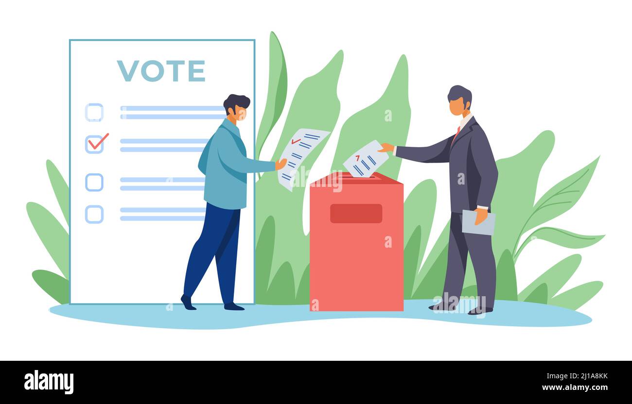 Voters inserting forms into ballot boxes. Presidential, congress, government election flat vector illustration. Democracy, poll, campaign concept for Stock Vector
