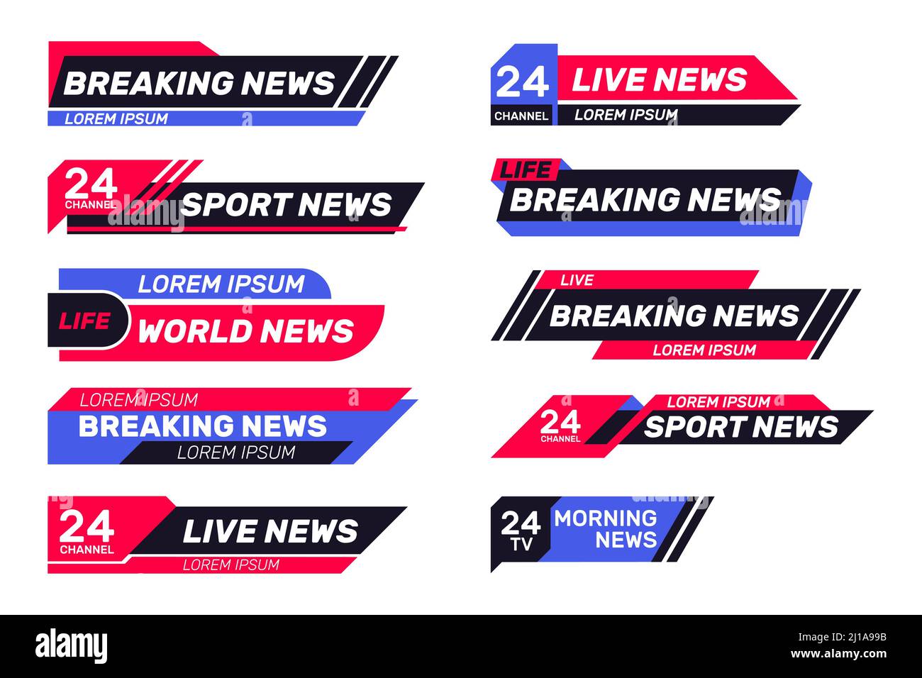 Breaking news TV banners set. Lower header, channel name or emblem with text, third part bottom line. Flat vector illustrations for television, broadc Stock Vector