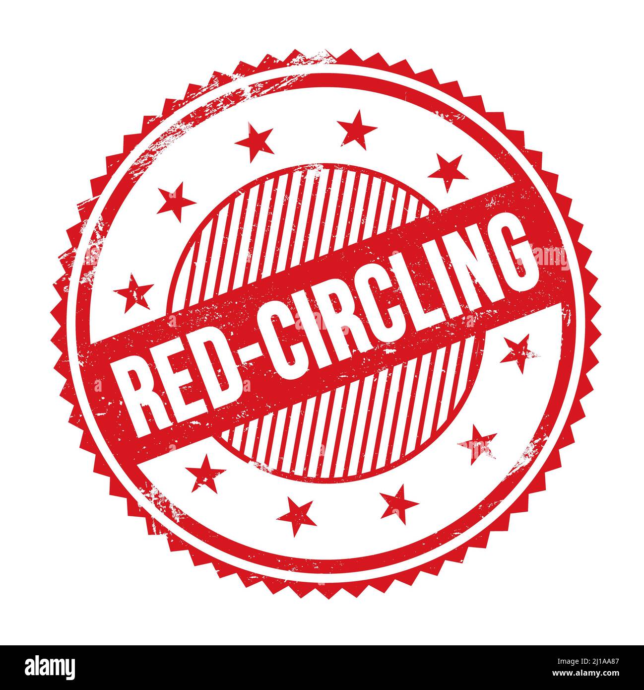 REDCIRCLING text written on red grungy zig zag borders round stamp