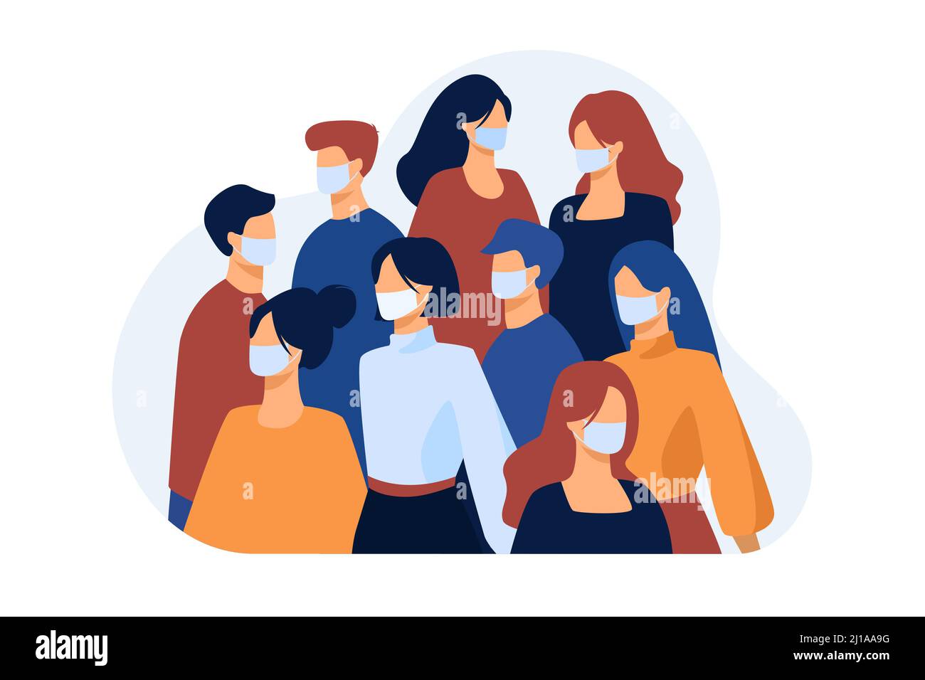 Crowd of people wearing face medical masks outside. Infection spread prevention in society. Vector illustration for coronavirus outbreak, safety, quar Stock Vector