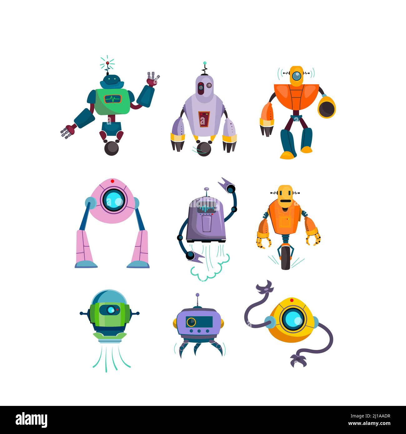 Cute futuristic robots flat icon set. Cartoon cyborg and guardian characters isolated vector illustration collection. Games and modern robotic technol Stock Vector