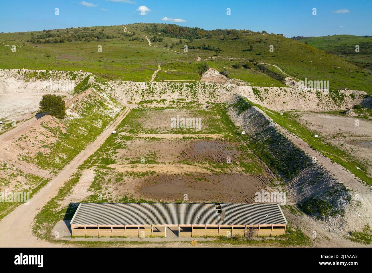 Open air military shooting range, Aerial view. Stock Photo