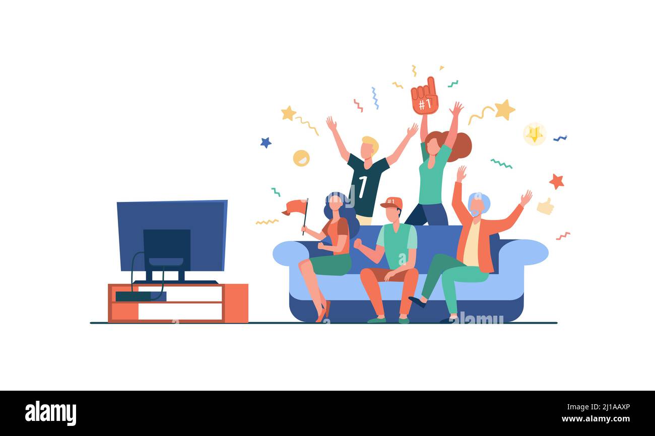 Football fans watching match on TV. Friends sitting on couch and celebrating soccer team winning or goal. Vector illustration for championship, leisur Stock Vector
