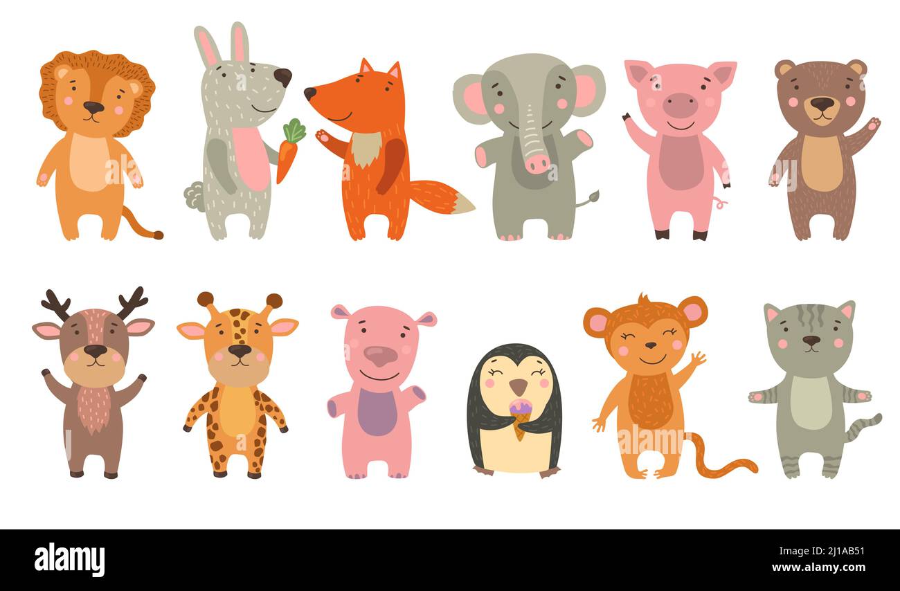 Happy funny cartoon animals set. Cute lion, elephant, baby penguin, monkey, hippo, fox, pig, bear waving hello. Vector illustration for animals, zoo, Stock Vector