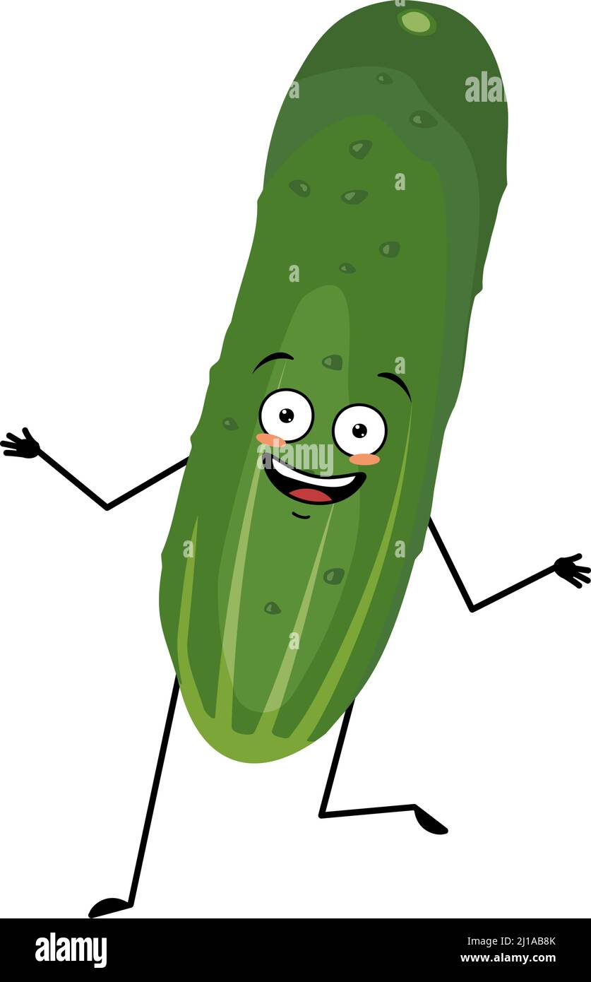 Cucumber character with crazy happy emotion, joyful face, smile eyes, arms and legs. Person with expression, vegetable or emoticon. Vector illustration Stock Vector