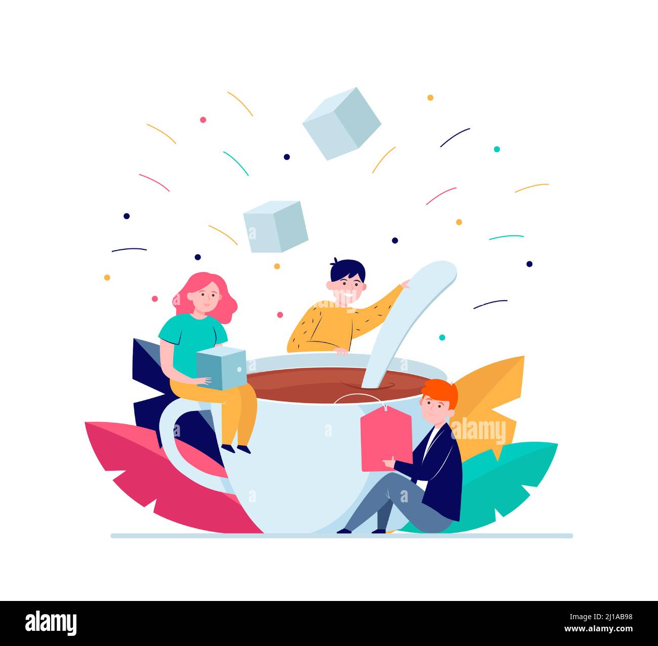 Happy people mixing sugar in big cup of tea. Spoon, office, lunch flat