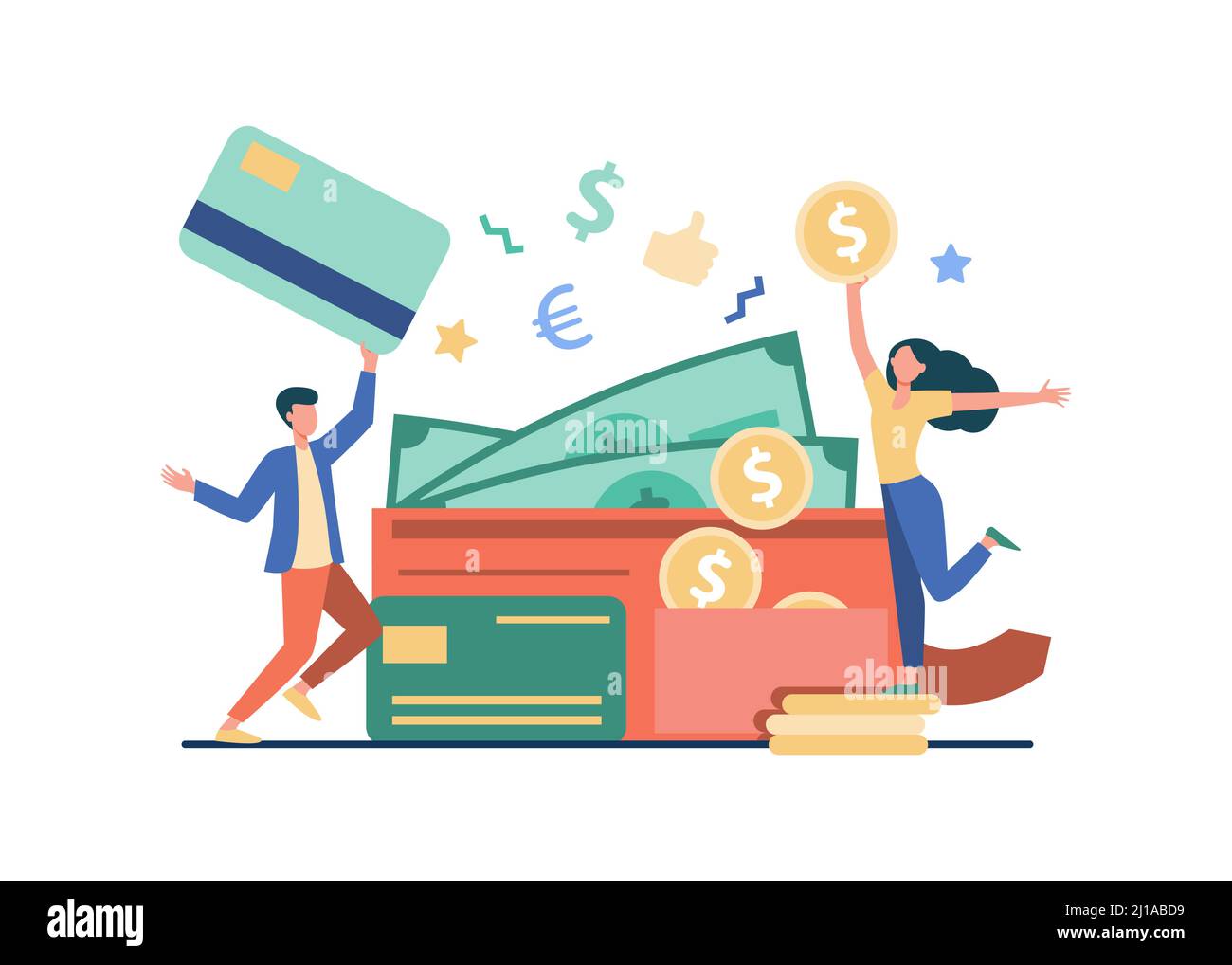 Happy tiny man and woman with big open wallet flat vector illustration