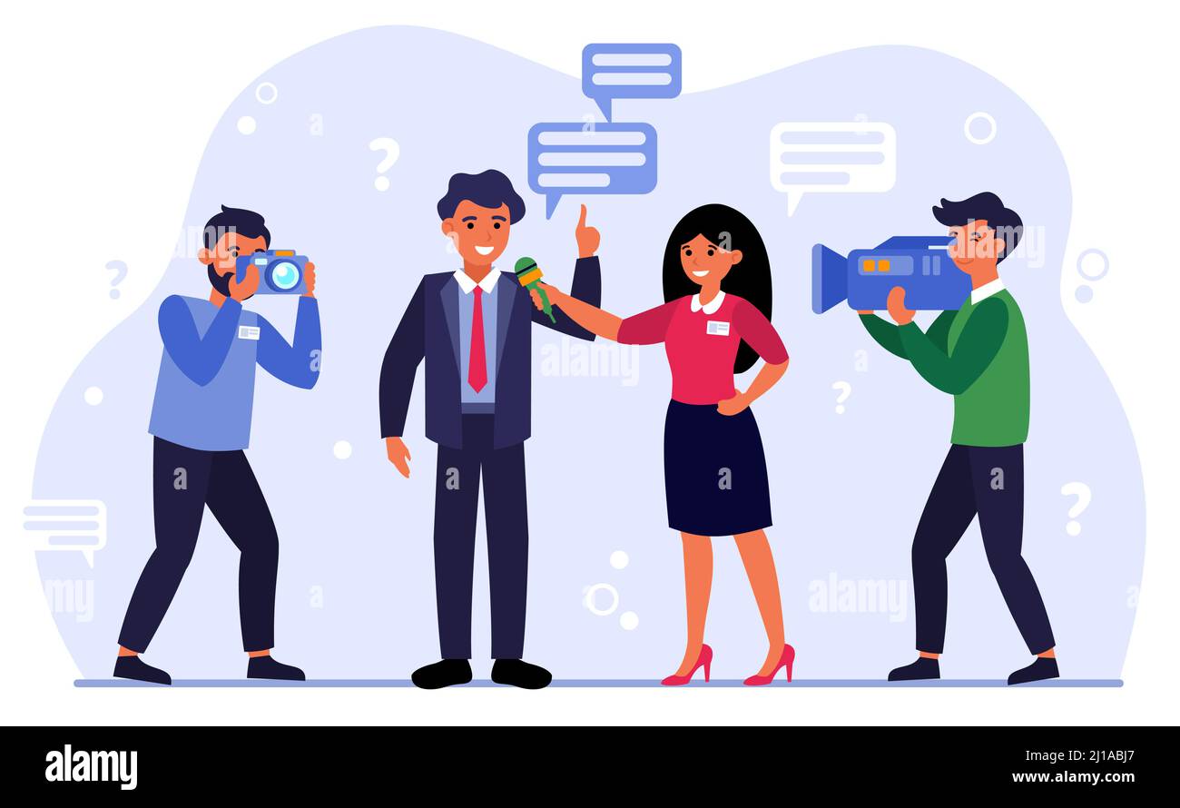 Journalist conducting interview with man flat vector illustration. Cartoon character with microphone, operator and paparazzi. Conversation and media c Stock Vector