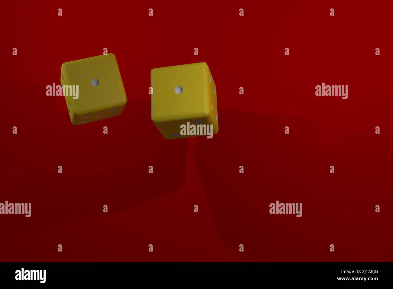 3d rendering two yellow dice on red background, 3d illustration Stock