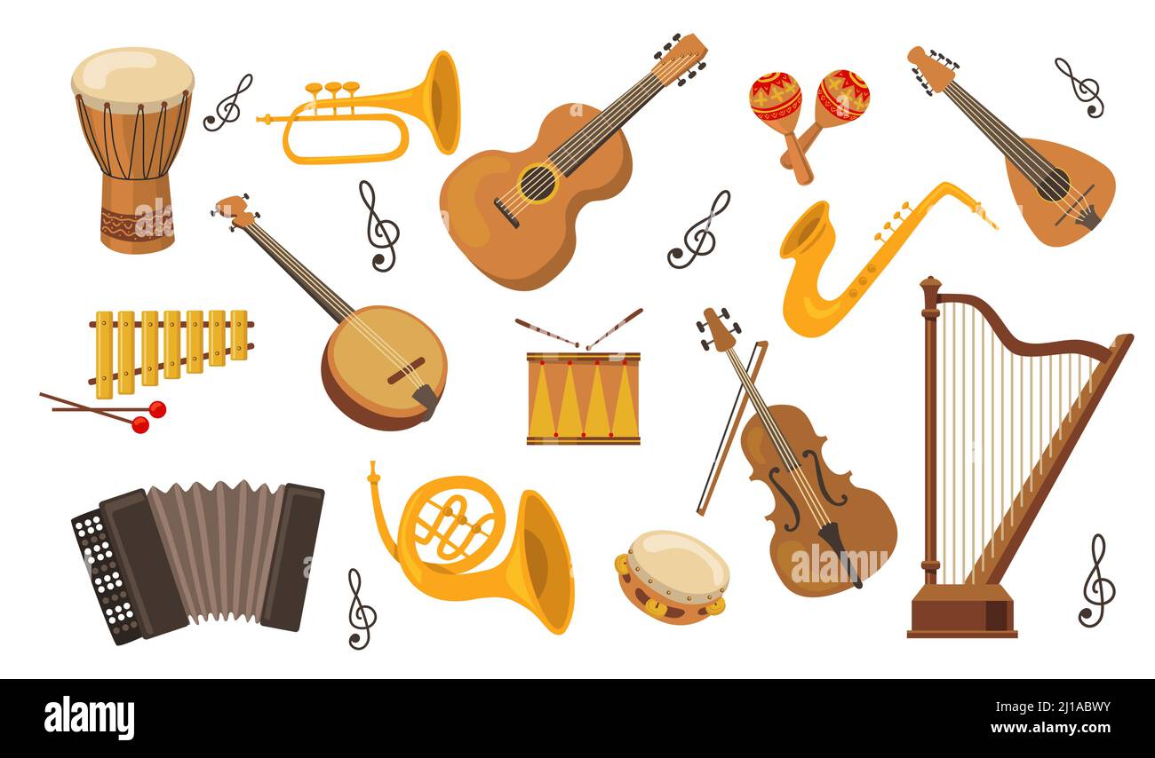 Musical instrument set. Accordion guitar harp ethnic drum