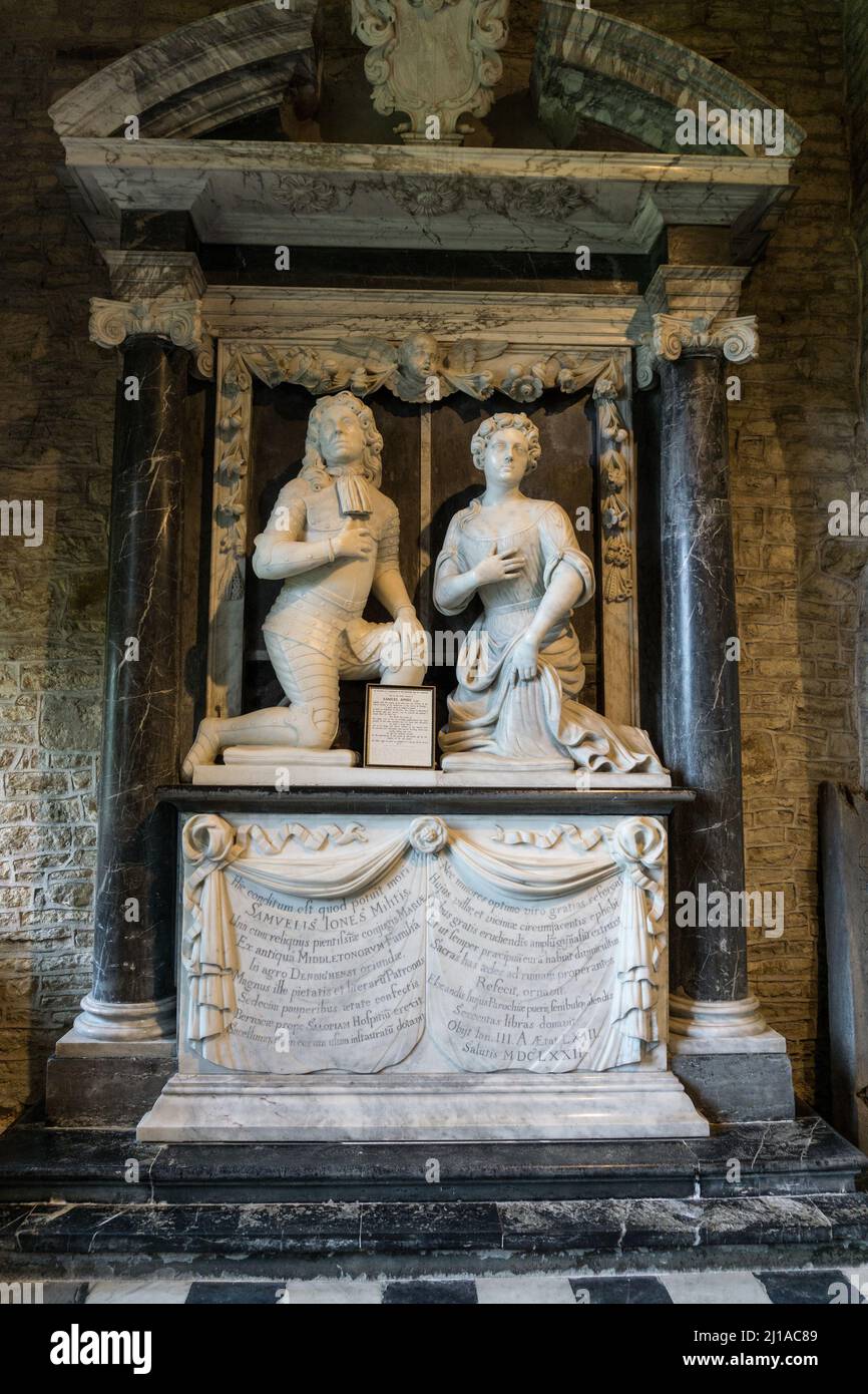 17th century monument to Sir Samuel Jones and wife, interior of the church of St Peter and St Paul, Courteenhall, Northamptonshire, UK Stock Photo