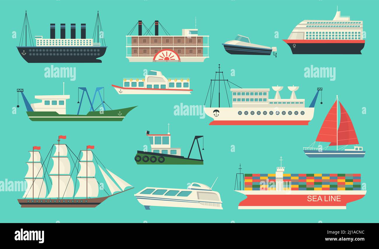 Sea transport set. Ships, sailboat with canvas, yacht, freight ferry, cruise liner, motorboat, boats with cranes. Can be used for ocean travel, transp Stock Vector