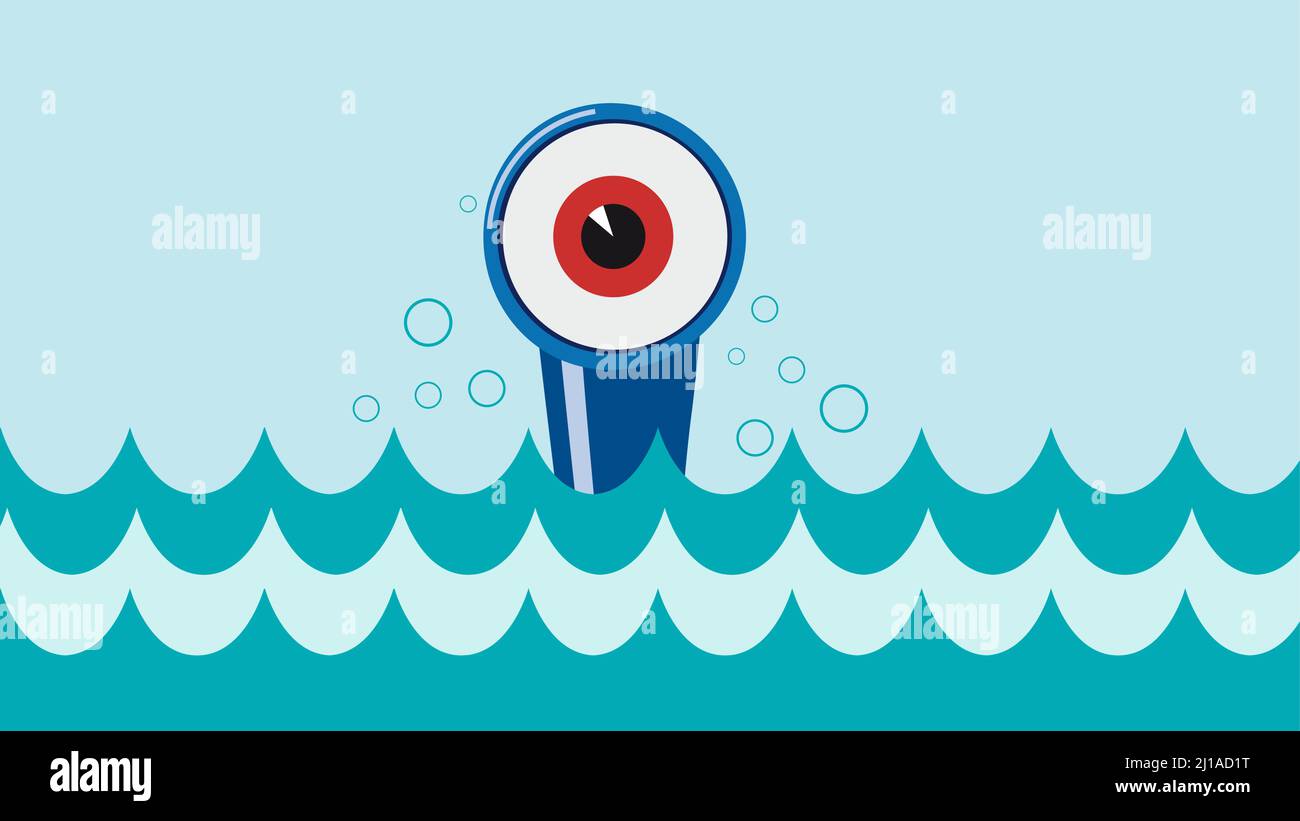 Emergence of a submarine, periscope in the shape of an eye. Discovering new opportunities. Vector illustration. Stock Vector